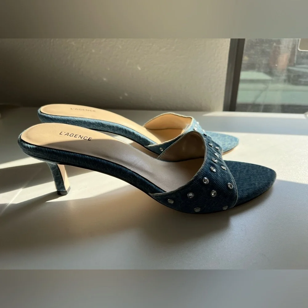L’Agence Blue Denim Crystal Studded Mule Heels Size 9
